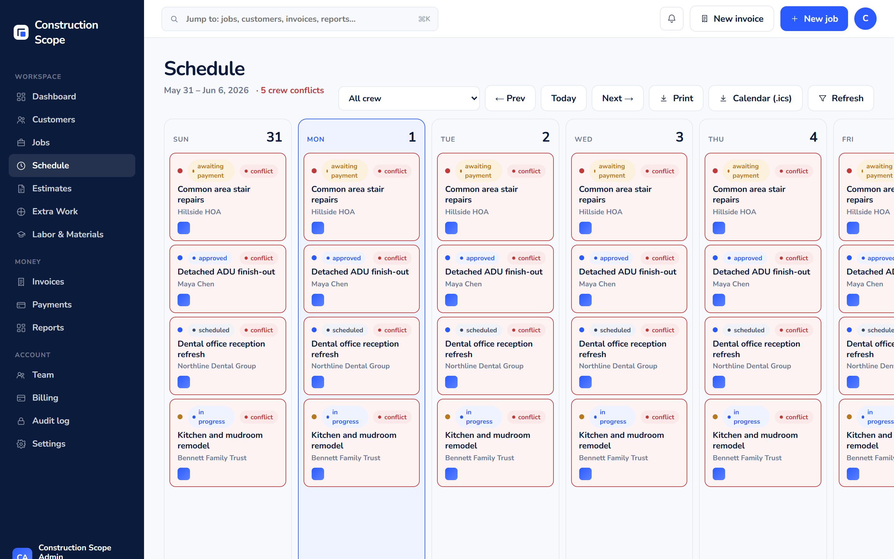 Construction Scope weekly schedule view showing crew assignments by day with job sites, time blocks, and assigned crew members